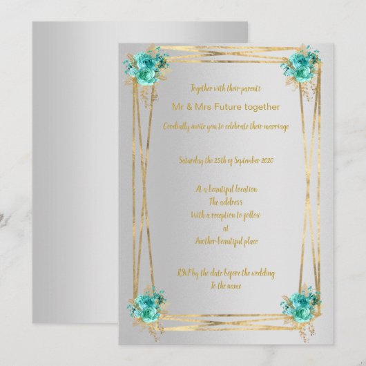 SILVER AQUA GOLD ELEGANT WEDDING INVITATION KAART (Voorkant / Achterkant)