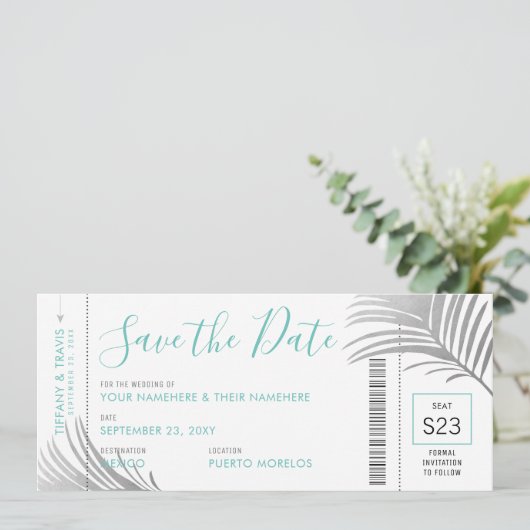 Silver Aqua Palm Tree Boarding Pass Opslaan Datum Aankondiging (Staand voorkant)