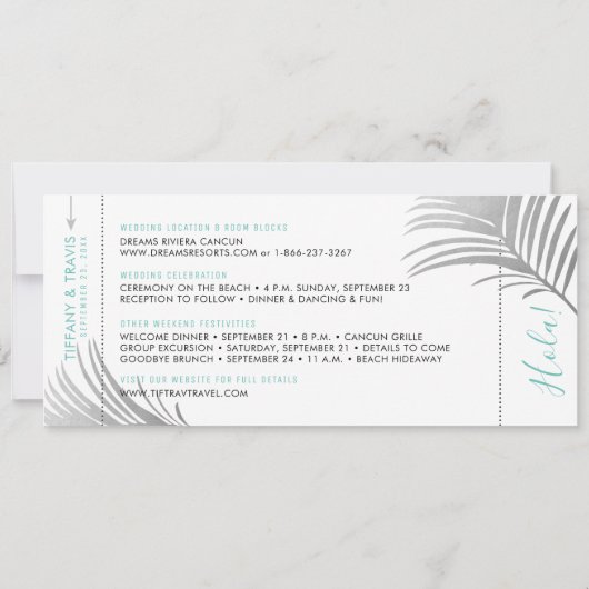 Silver Aqua Palm Tree Boarding Pass Opslaan Datum Aankondiging (Achterkant)