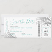 Silver Aqua Palm Tree Boarding Pass Opslaan Datum Aankondiging (Voorkant)