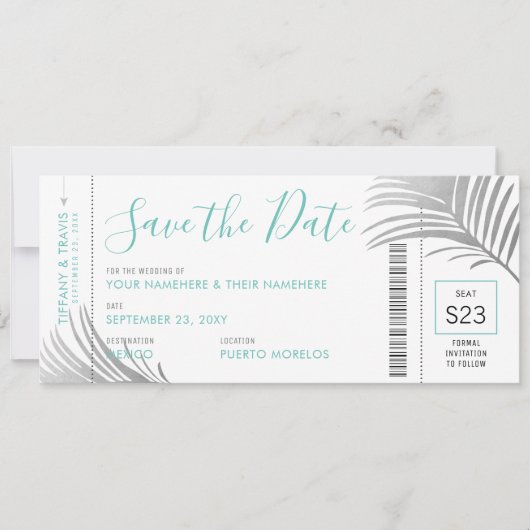 Silver Aqua Palm Tree Boarding Pass Opslaan Datum  Aankondiging (Voorkant)