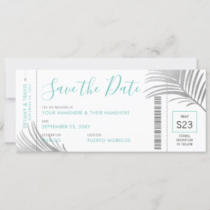 Silver Aqua Palm Tree Boarding Pass Opslaan Datum Aankondiging