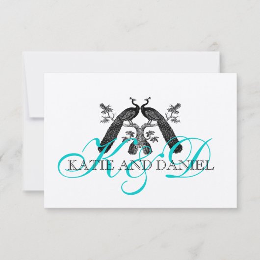 Silver Aqua Peacock Wedding RSVP-kaart RSVP Kaartje (Voorkant)