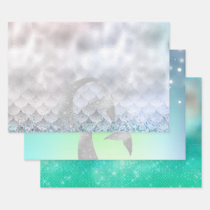 Silver Aqua Pink Paars Glitter Sparkle Mermaid Inpakpapier Vel