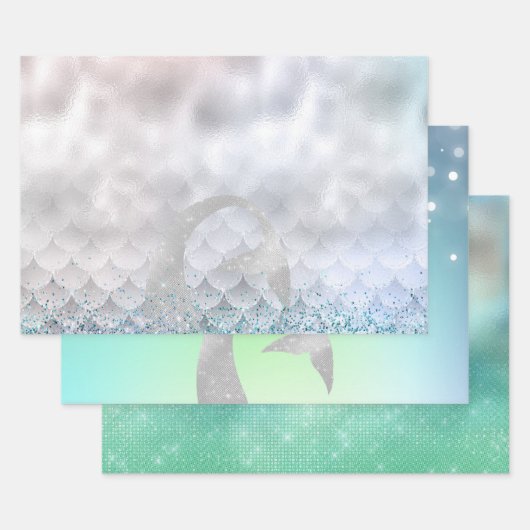 Silver Aqua Pink Paars Glitter Sparkle Mermaid Inpakpapier Vel (Set)