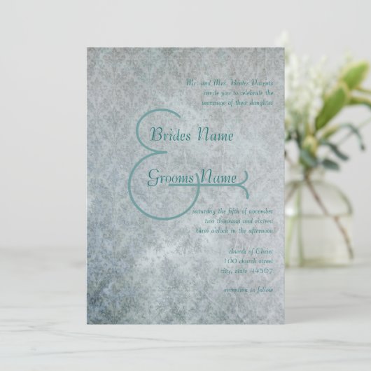 Silver Aqua Rustic Distress Lace Damask Wedding Kaart (Staand voorkant)