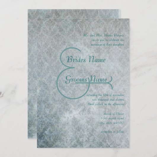 Silver Aqua Rustic Distress Lace Damask Wedding Kaart (Voorkant / Achterkant)