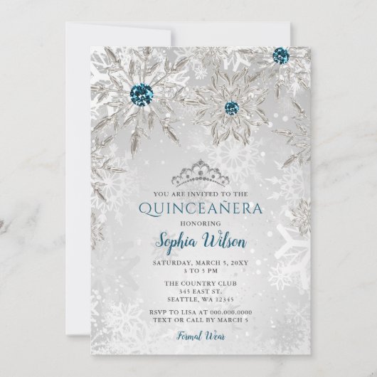 Silver Aqua Snowflakes Tiara Quinceañera Kaart (Voorkant)