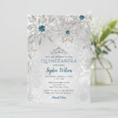 Silver Aqua Snowflakes Tiara Quinceañera Kaart (Staand voorkant)
