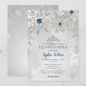 Silver Aqua Snowflakes Tiara Quinceañera Kaart (Voorkant / Achterkant)