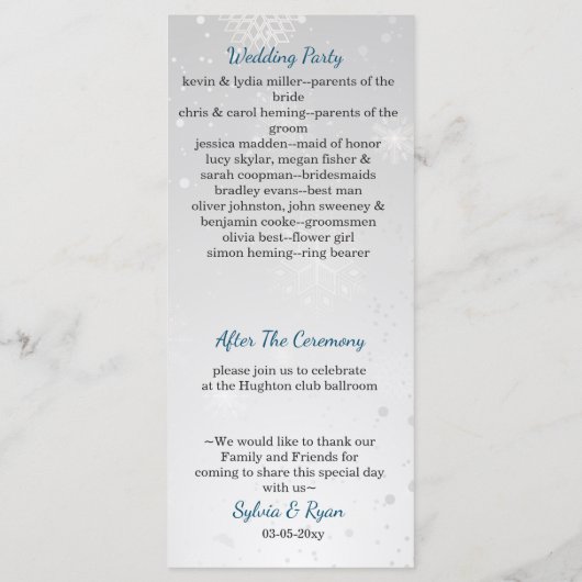 Silver Aqua Snowflakes Winter trouwprogramma's Programmakaart (Achterkant)