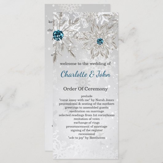Silver Aqua Snowflakes Winter trouwprogramma's Programmakaart (Voorkant / Achterkant)