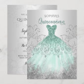 Silver Aqua Sparkle Dress Quinceañera Quince Kaart (Voorkant / Achterkant)
