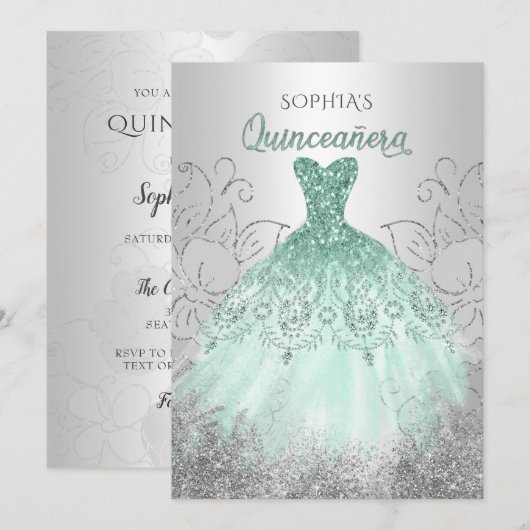 Silver Aqua Sparkle Dress Quinceañera Quince Kaart (Voorkant / Achterkant)