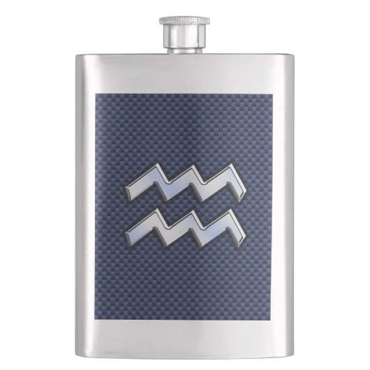 Silver Aquarius-teken op Navy Blue Carbon Art Heupfles (Voorkant)
