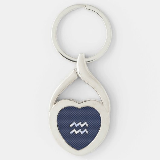 Silver Aquarius-teken op Navy Blue Carbon Art Sleutelhanger (Voorkant)
