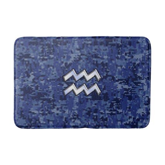 Silver Aquarius Zodiac Sign Navy Blue Digital Camo Badmat (Voorkant)