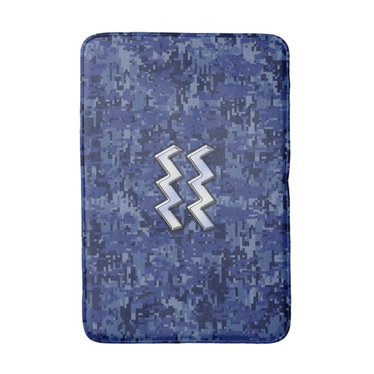 Silver Aquarius Zodiac Sign Navy Blue Digital Camo Badmat (Voorkant Verticaal)