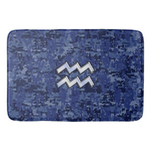 Silver Aquarius Zodiac Sign Navy Blue Digital Camo Badmat