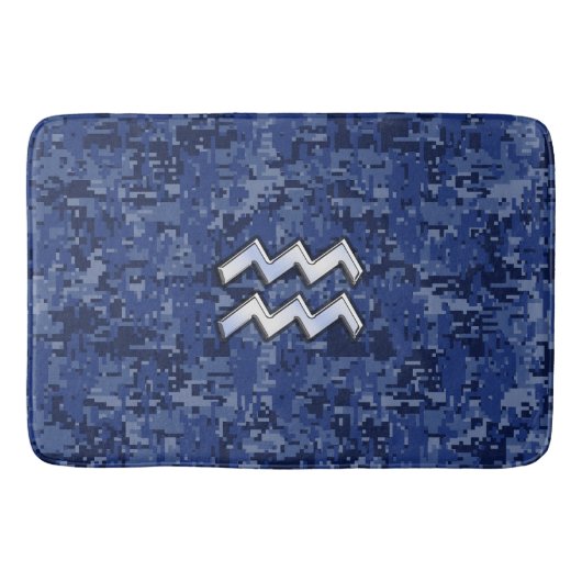 Silver Aquarius Zodiac Sign Navy Blue Digital Camo Badmat (Voorkant)