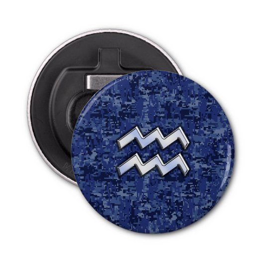Silver Aquarius Zodiac Sign Navy Blue Digital Camo Button Flesopener (Voorkant)