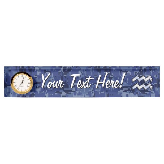 Silver Aquarius Zodiac Sign Navy Blue Digital Camo Naambordje (Voorkant)