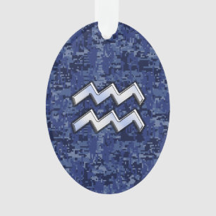 Silver Aquarius Zodiac Sign Navy Blue Digital Camo Ornament