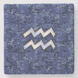 Silver Aquarius Zodiac Sign Navy Blue Digital Camo Stenen Onderzetter