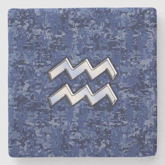 Silver Aquarius Zodiac Sign Navy Blue Digital Camo Stenen Onderzetter (Voorkant)