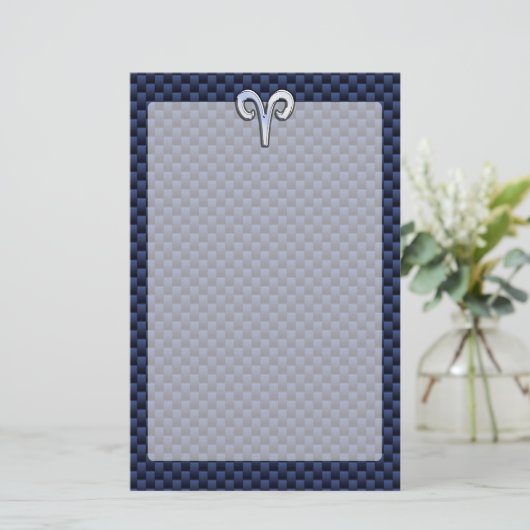 Silver Aries Zodiac Sign Blue Carbon Fiber Print Briefpapier (Staand voorkant)