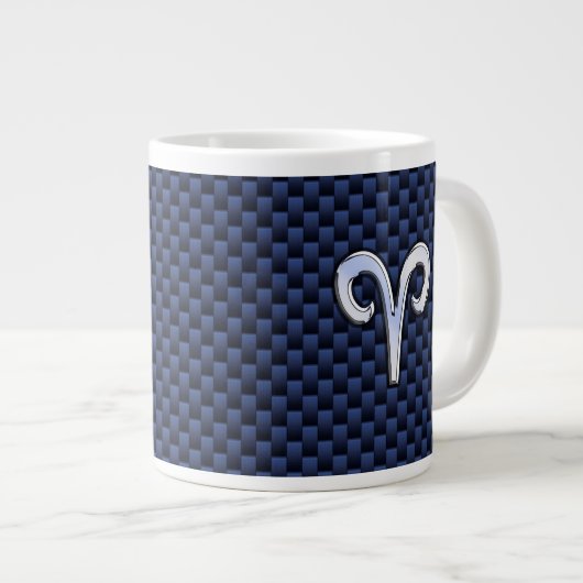 Silver Aries Zodiac Sign Blue Carbon Fiber Print Grote Koffiekop (Voorkant rechts)