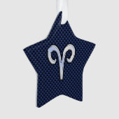 Silver Aries Zodiac Sign Blue Carbon Fiber Print Ornament (voorkant)