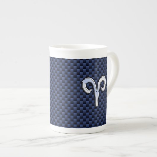 Silver Aries Zodiac Sign Blue Carbon Fiber Print Porselein Kop (Voorkant rechts)