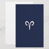 Silver Aries Zodiac Sign Navy Carbon Style Briefpapier (Voorkant / Achterkant)