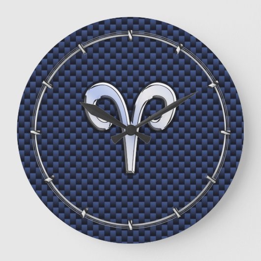 Silver Aries Zodiac Sign Navy Carbon Style Grote Klok (Voorkant)