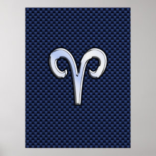 Silver Aries Zodiac Sign Navy Carbon Style Poster
