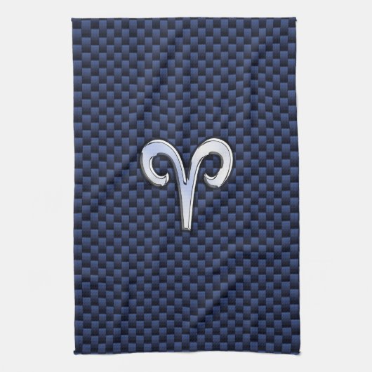 Silver Aries Zodiac Sign Navy Carbon Style Theedoek (Verticaal)