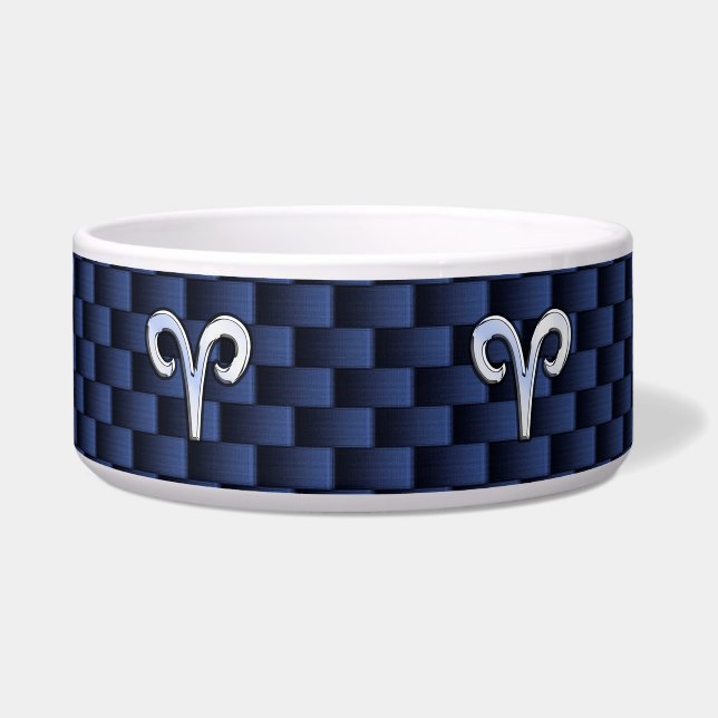 Silver Aries Zodiac Sign Navy Carbon Style Voerbakje (Voorkant)