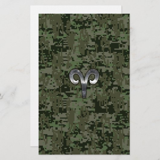 Silver Aries Zodiac Symbol Green Digital Camo Briefpapier (Voorkant / Achterkant)
