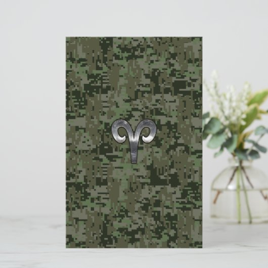 Silver Aries Zodiac Symbol Green Digital Camo Briefpapier (Staand voorkant)