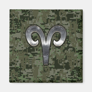 Silver Aries Zodiac Symbol Green Digital Camo Magneet