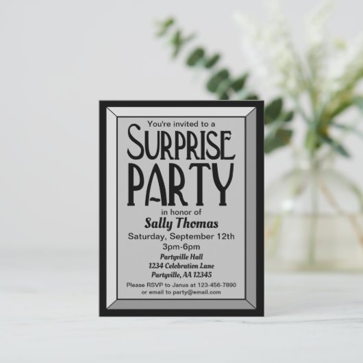 Silver Art Deco Beveled Birthday Surprise Party Uitnodiging Briefkaart (Staand voorkant)
