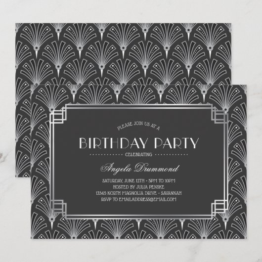 Silver Art Deco Birthday Party Kaart (Voorkant / Achterkant)