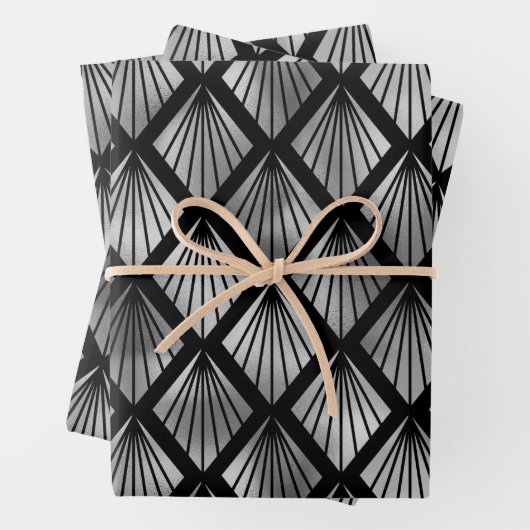 Silver Art Deco Fans on Black Inpakpapier Vel (In situ)