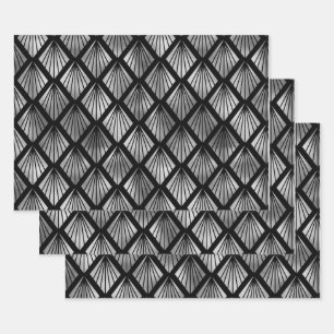 Silver Art Deco Fans on Black Inpakpapier Vel