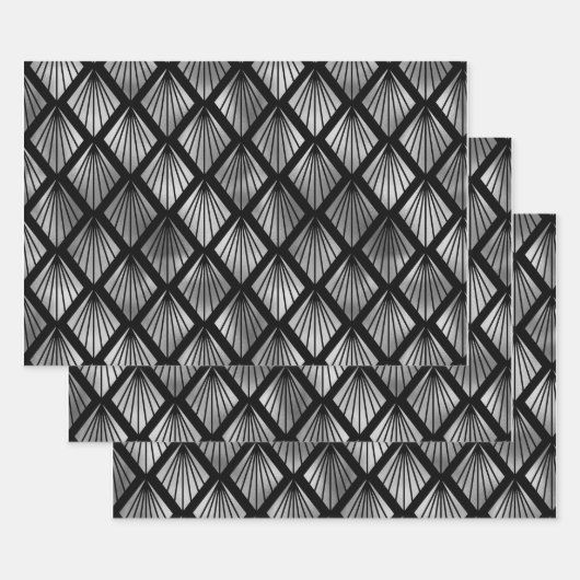 Silver Art Deco Fans on Black Inpakpapier Vel (Set)