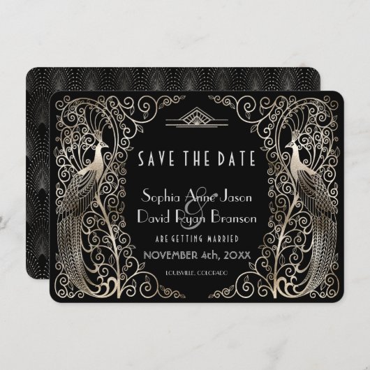 Silver Art Deco Peacocks Weddenschap sparen de dat Save The Date (Voorkant / Achterkant)
