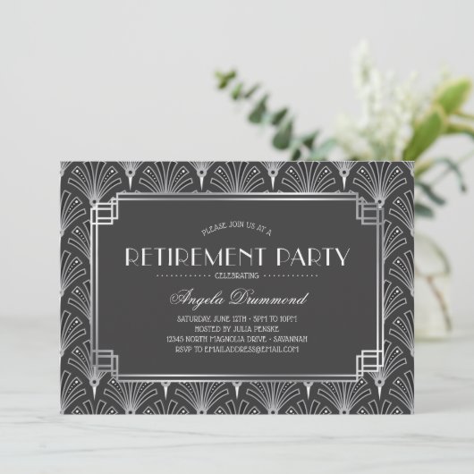 Silver Art Deco Retirement Party Kaart (Staand voorkant)