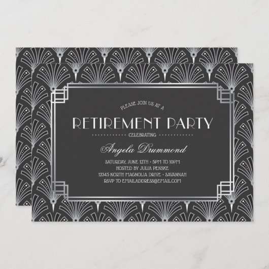 Silver Art Deco Retirement Party Kaart (Voorkant / Achterkant)