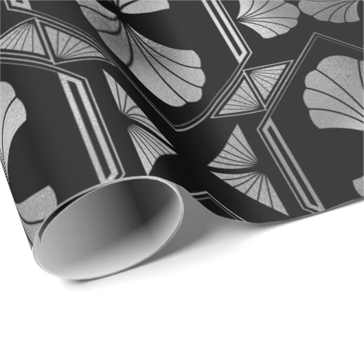Silver Art Deco Shells op Black Cadeaupapier (Rol Hoek)